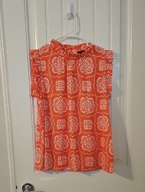 Ann Taylor Sleeveless Scallop Neck Printed Top - Orange & White